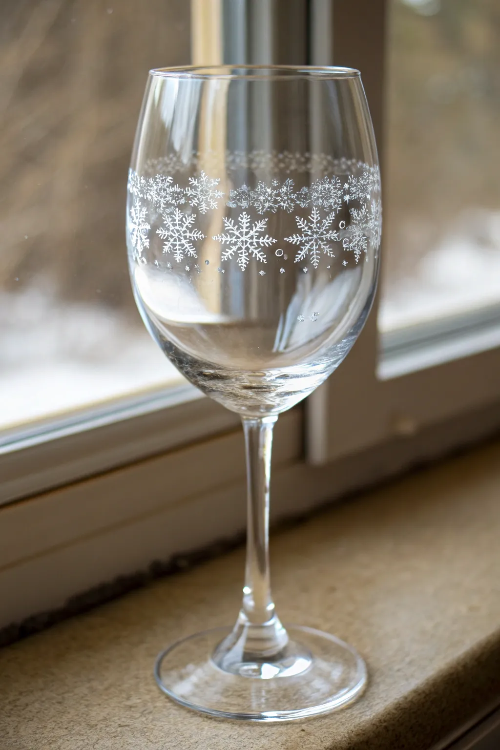 Delicate snowflake lace border painted around a wine glass rim for an elegant Christmas touch
