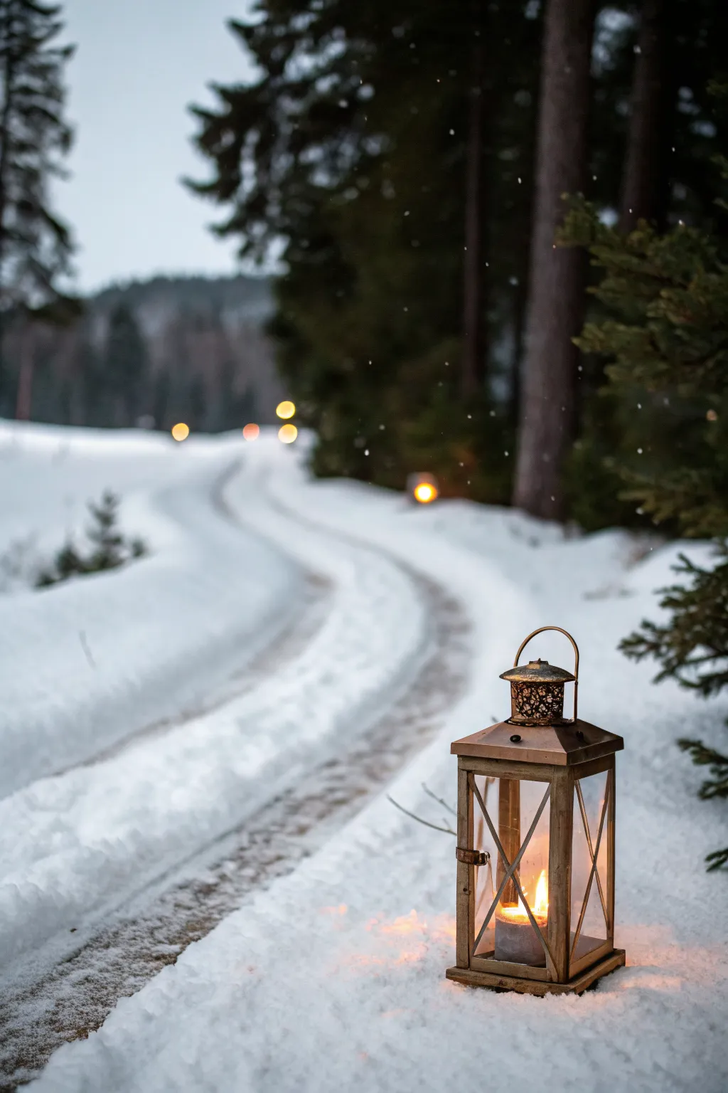 Cozy lantern glow on a snowy evergreen path, minimalist Scandinavian winter scene for Christmas