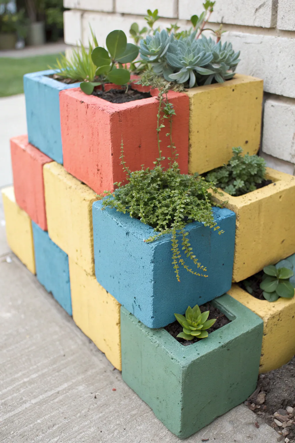 Bold pop-color cinder block planters with lush greenery for a bright minimalist patio vibe