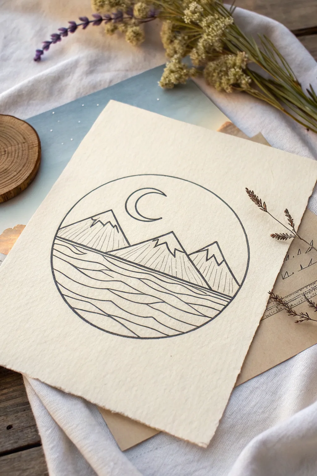 Minimalist circle sketch: mountains and moon reflected in a calm lake, sky above and mirror below.