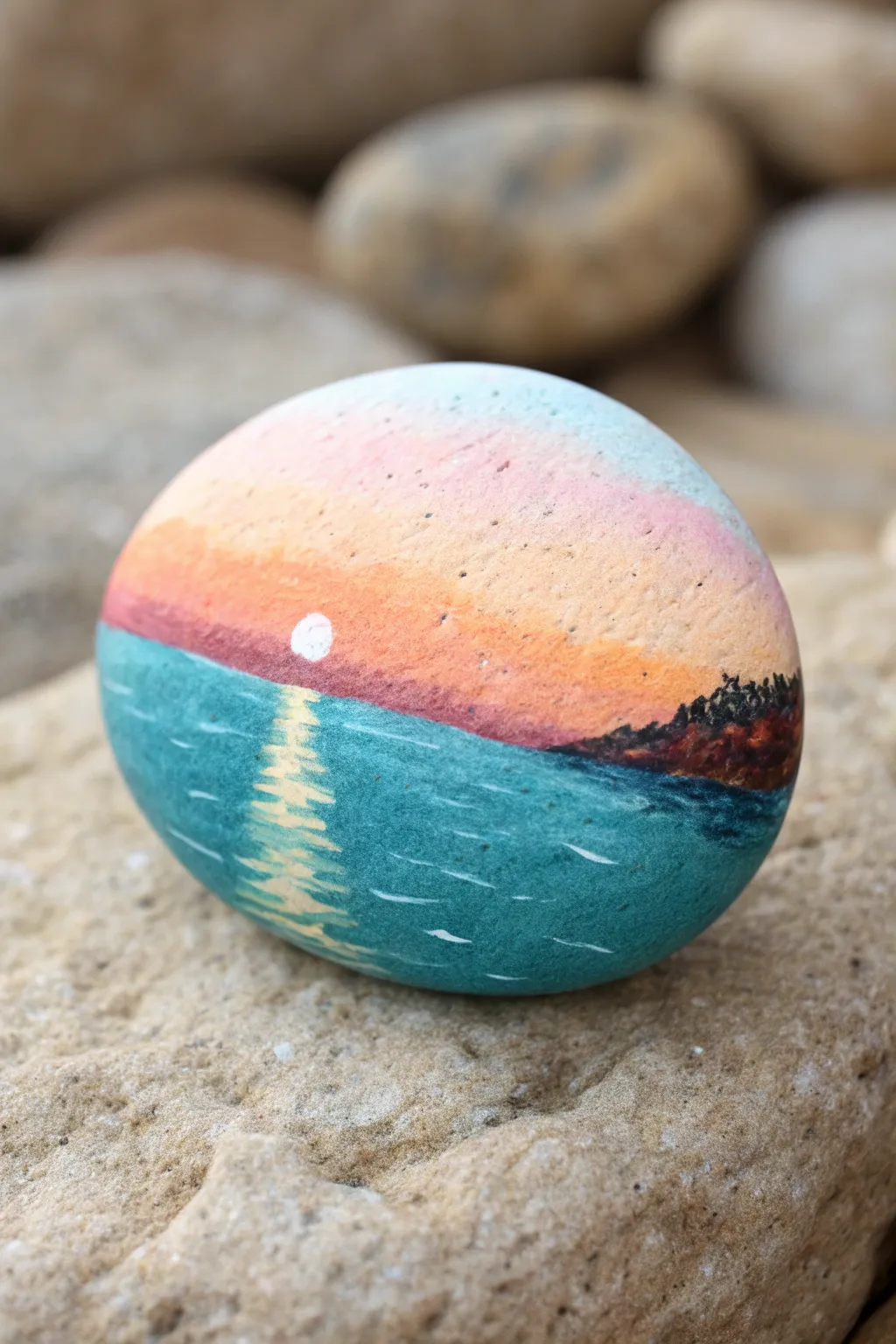 Sunset ocean portal circle rock painting with warm gradients, crisp horizon, and calm reflection.