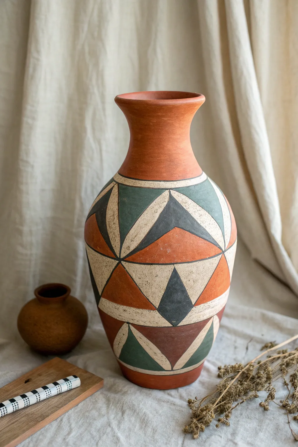 Clean geometric blocks on a matte clay vase, with a simple sketch beside it for planning.