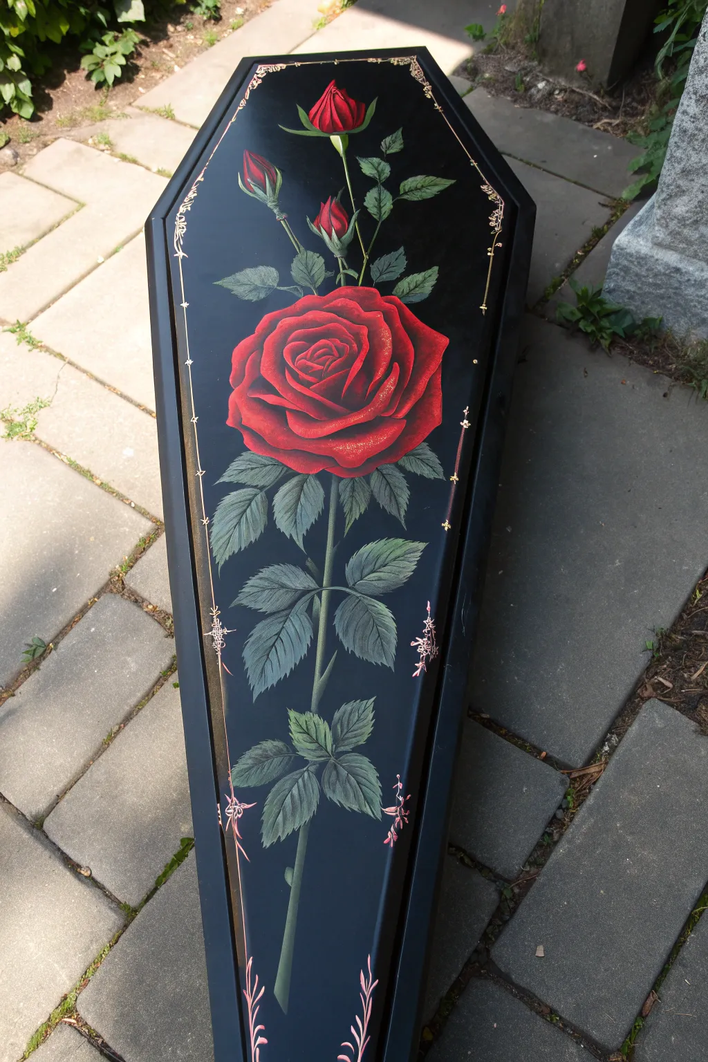 Matte black coffin lid with one blood-red rose and delicate vines for dramatic gothic elegance.