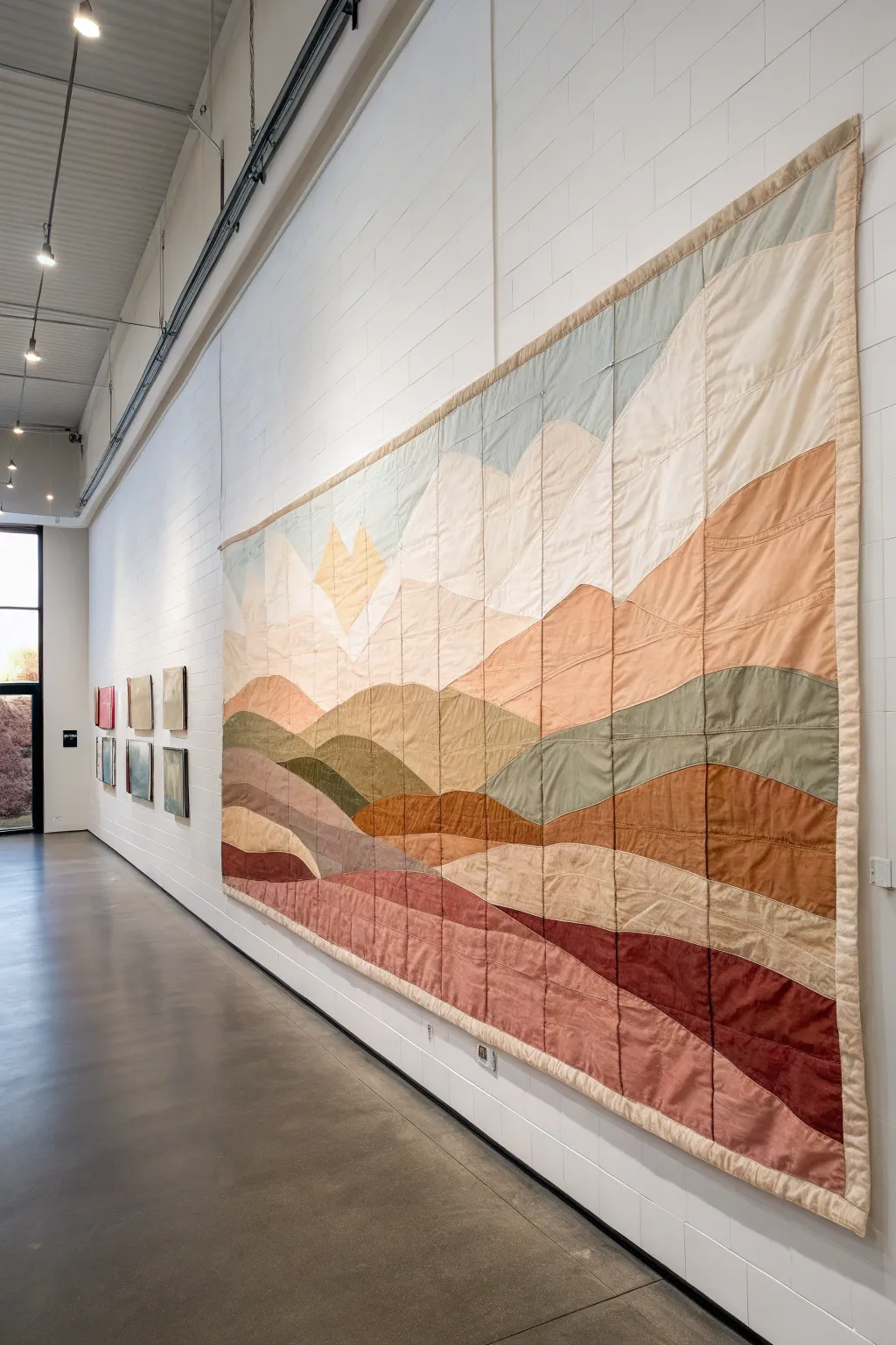 Patchwork panorama mural with visible seams, minimalist tones, and a calm handcrafted landscape