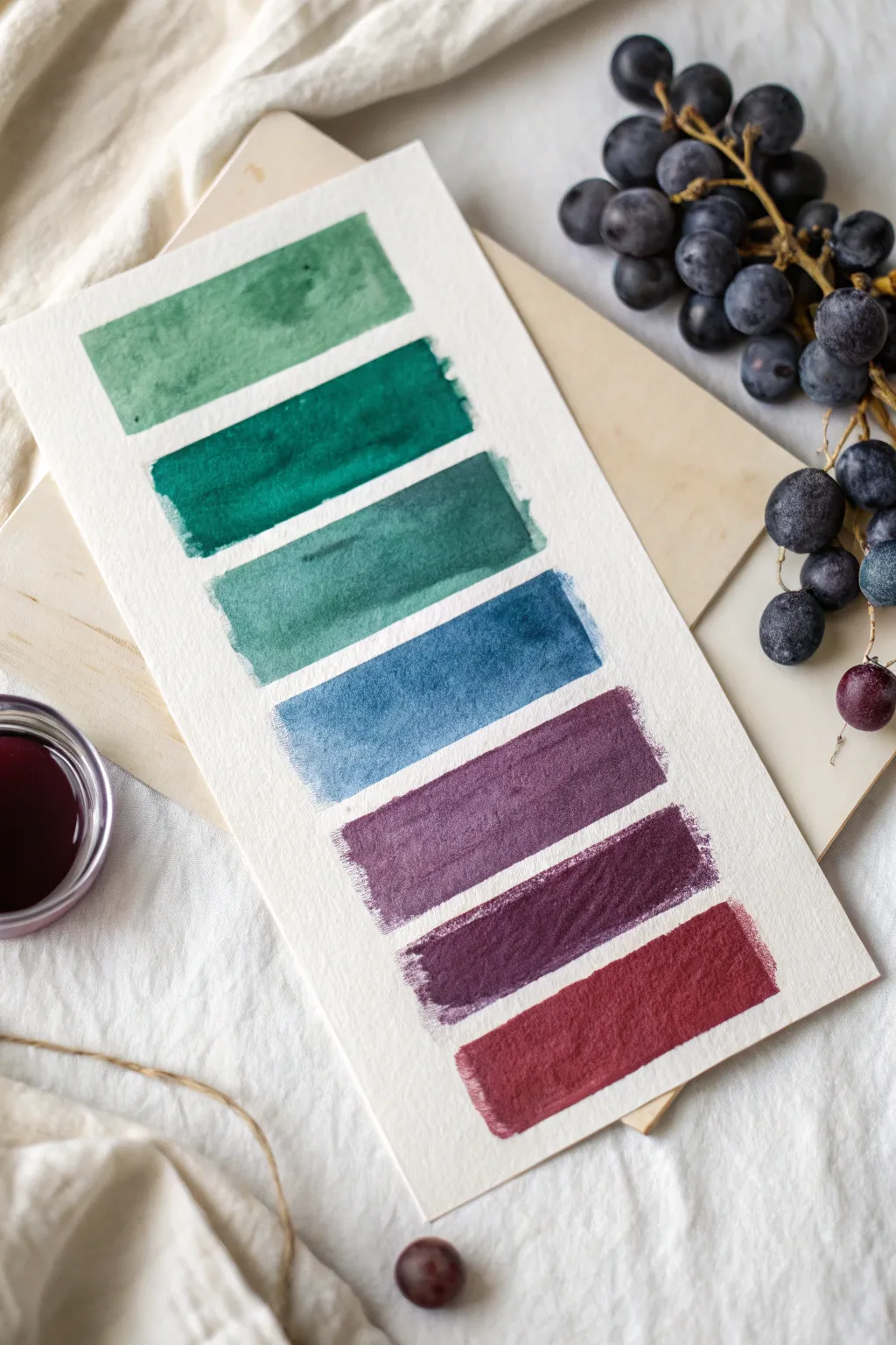 Rich jewel tone swatches on handmade paper, moody shadows for a luxe Scandinavian boho feel.