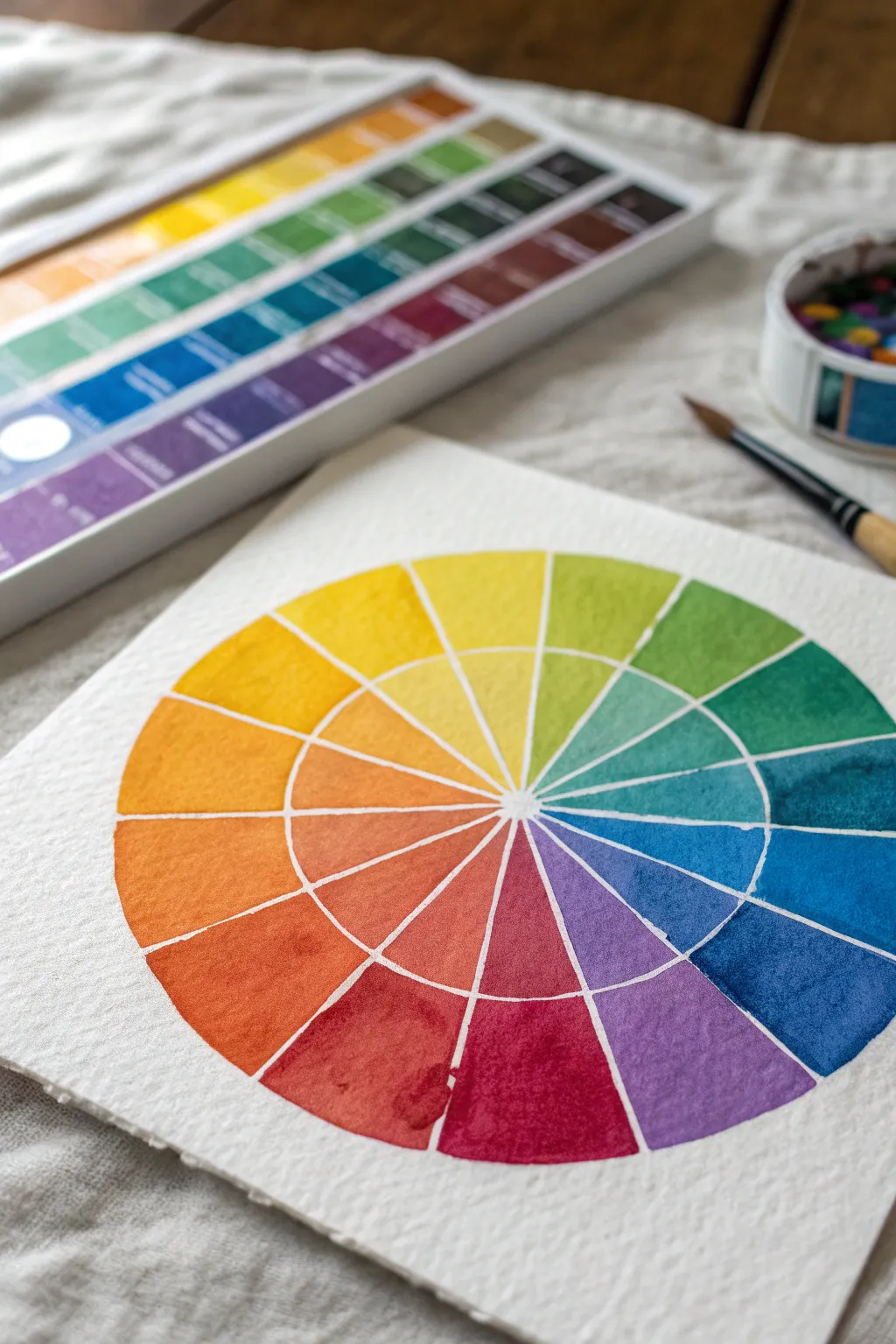 See analogous harmony at a glance with adjacent hues highlighted and a matching mini painting.