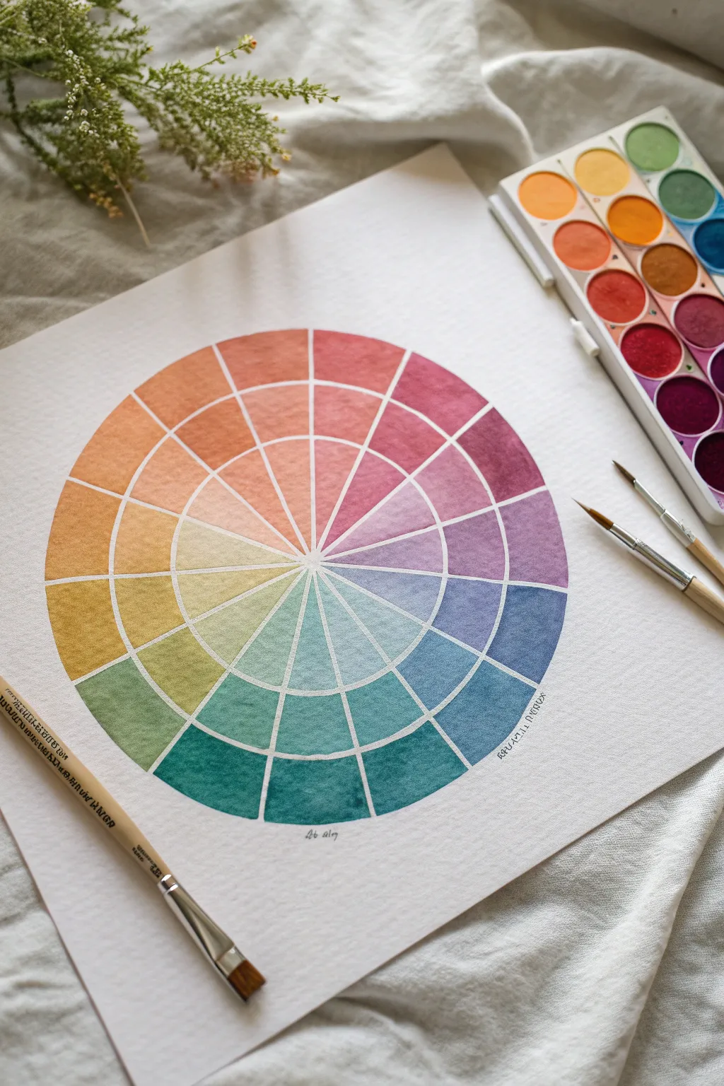 Analogous gradient color wheel close-up with silky watercolor blends and crisp, minimalist contrast