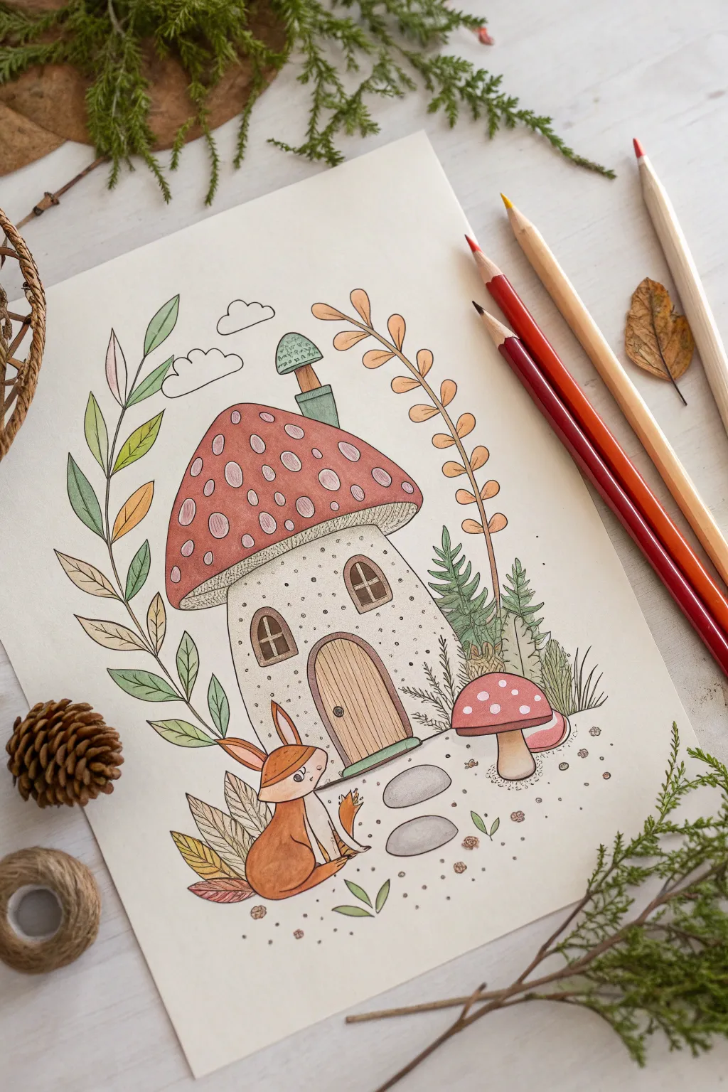Whimsical mushroom house coloring in earthy reds and mossy greens, minimalist boho vibe.