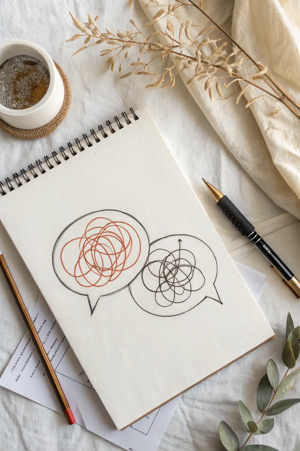 Two speech bubbles knot into tangled scribbles, capturing conflict and confused communication.