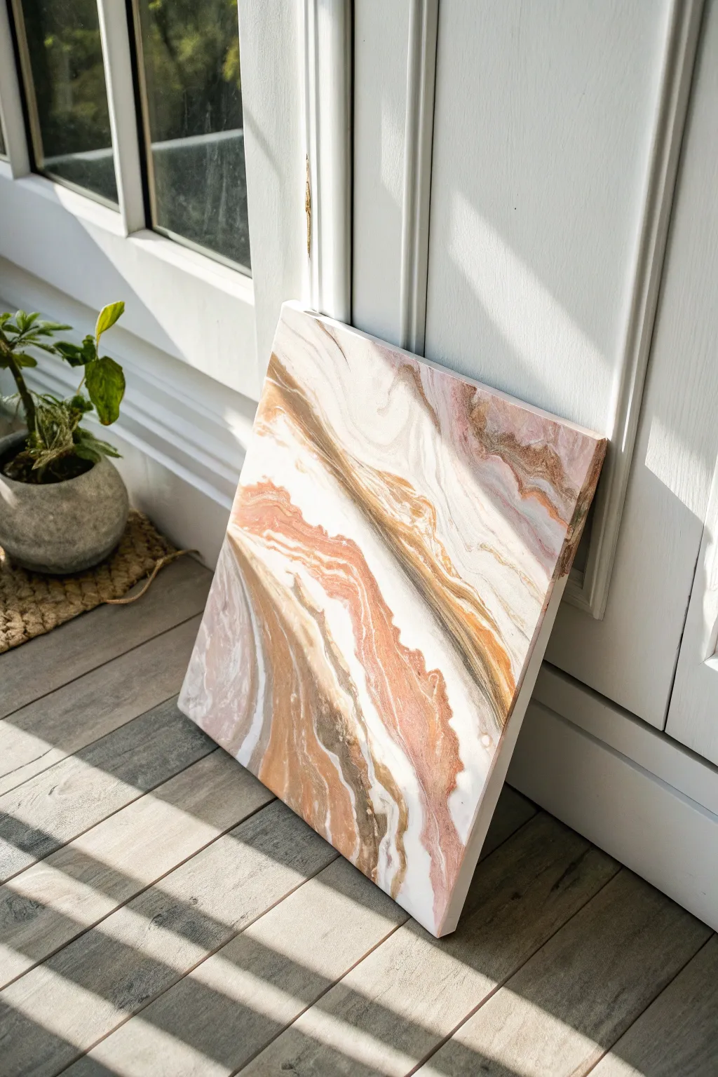 Fluid pour meets crisp control lines in soft boho neutrals, side-lit to reveal movement.