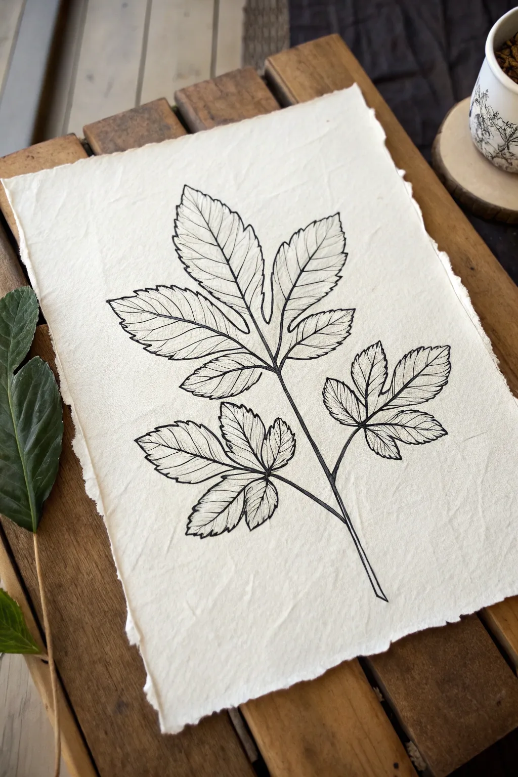 Leaf contour and vein study: bold edges and whisper-thin lines in a calm minimalist style.