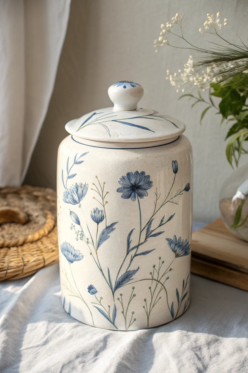 Blue-and-white floral cookie jar with soft brushy petals for a classic porcelain-inspired look