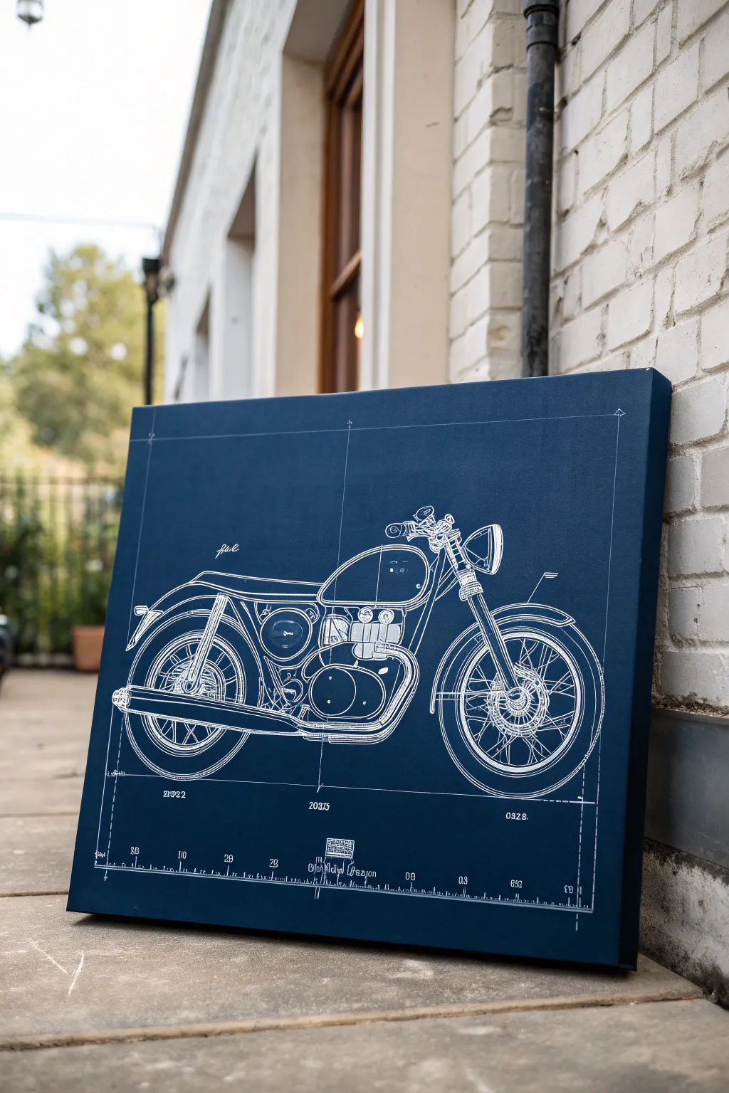 Blueprint-style vehicle sketch on canvas, crisp white lines on deep navy for a cool guy vibe