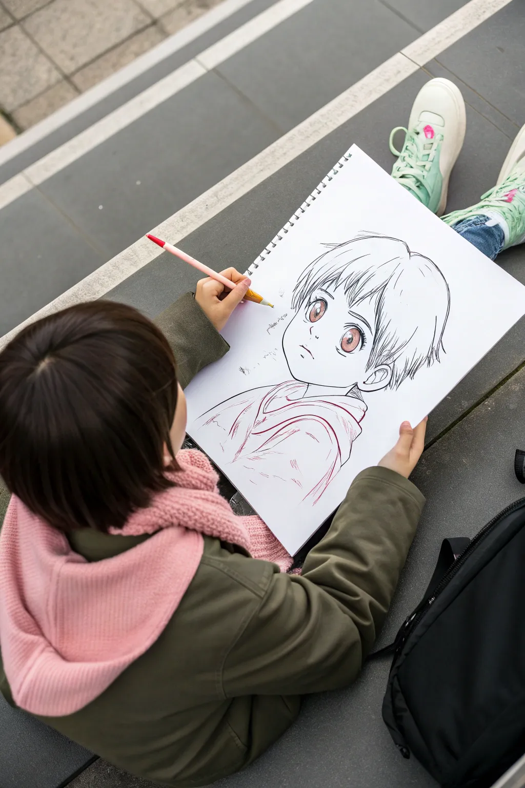 Anime-style portrait with big expressive eyes and a simple graphic background to copy and customize