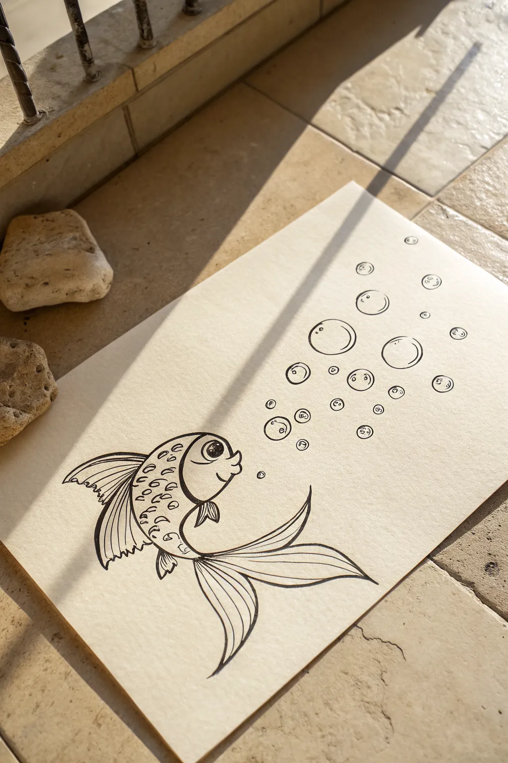 Minimal line art fish blowing bubbles with playful bubble trail, perfect for calm Scandinavian sketching