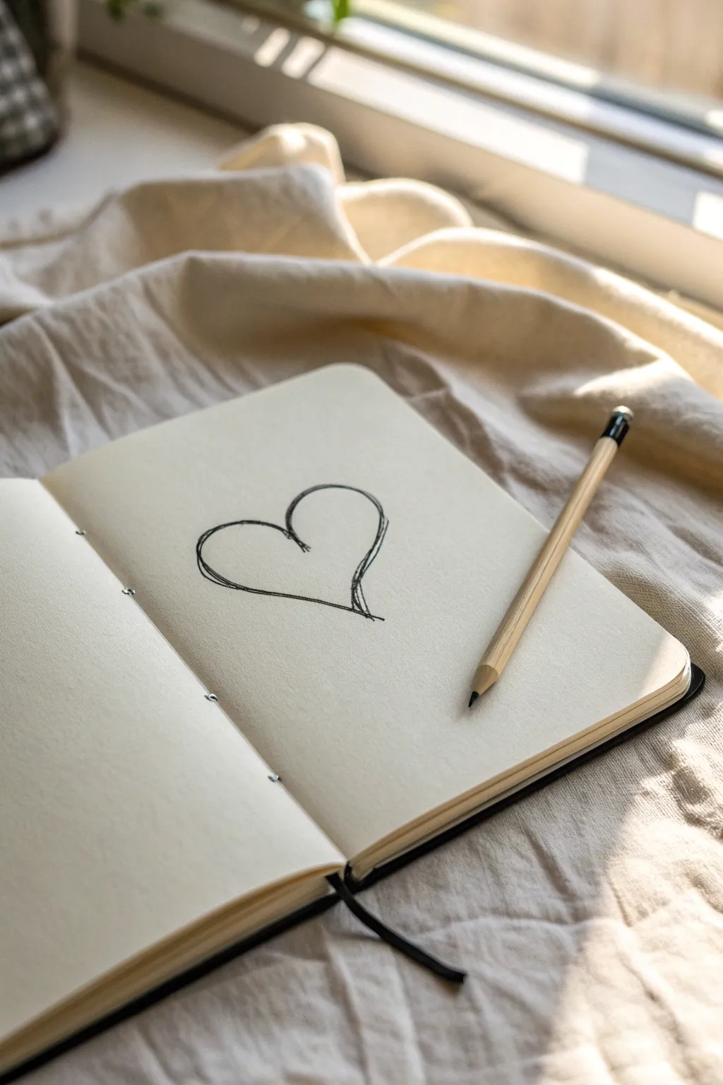 Continuous one-line heart in bold ink, with soft practice traces for a real sketchbook feel.