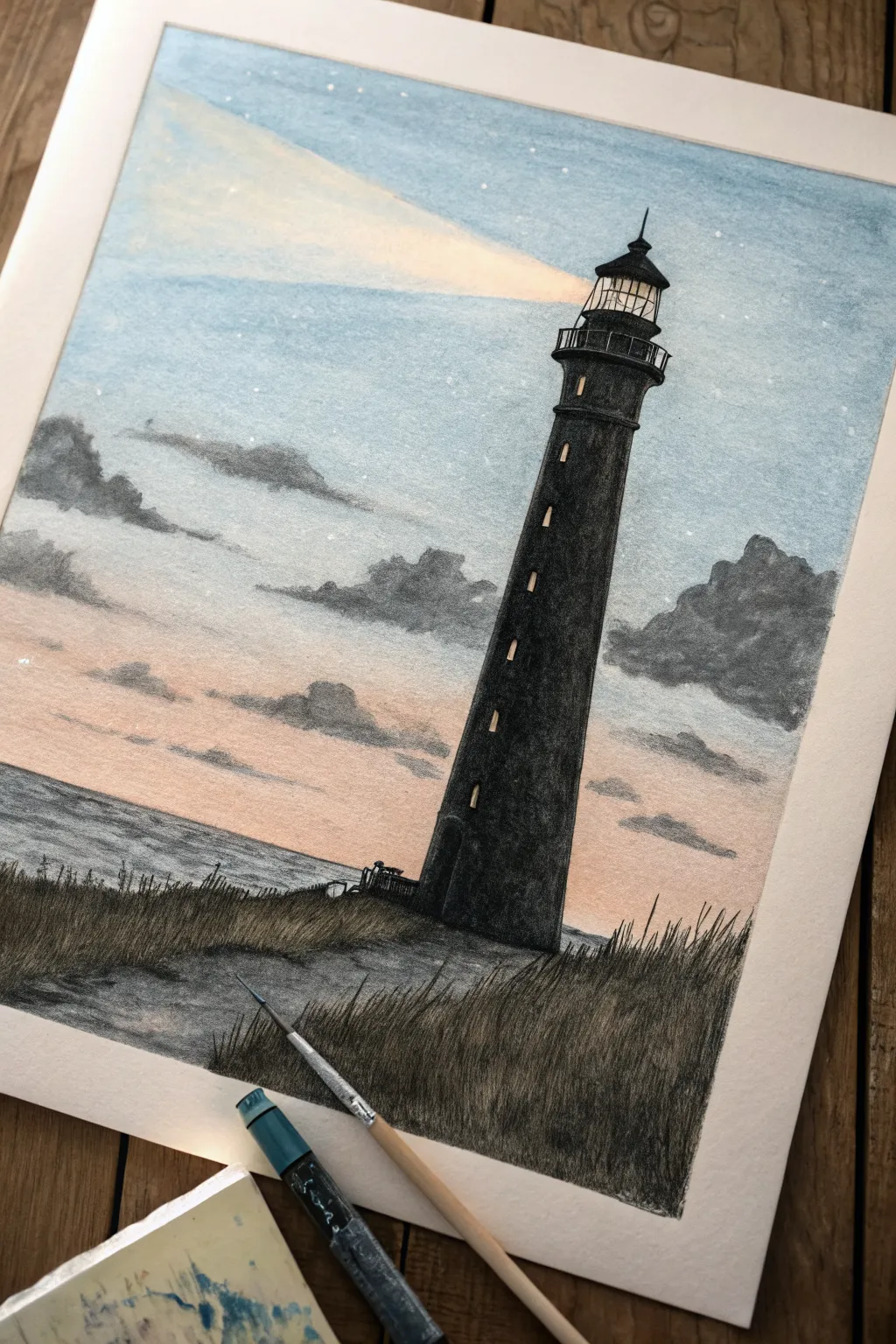Moody oil pastel lighthouse silhouette with a soft beam slicing through misty Scandinavian fog