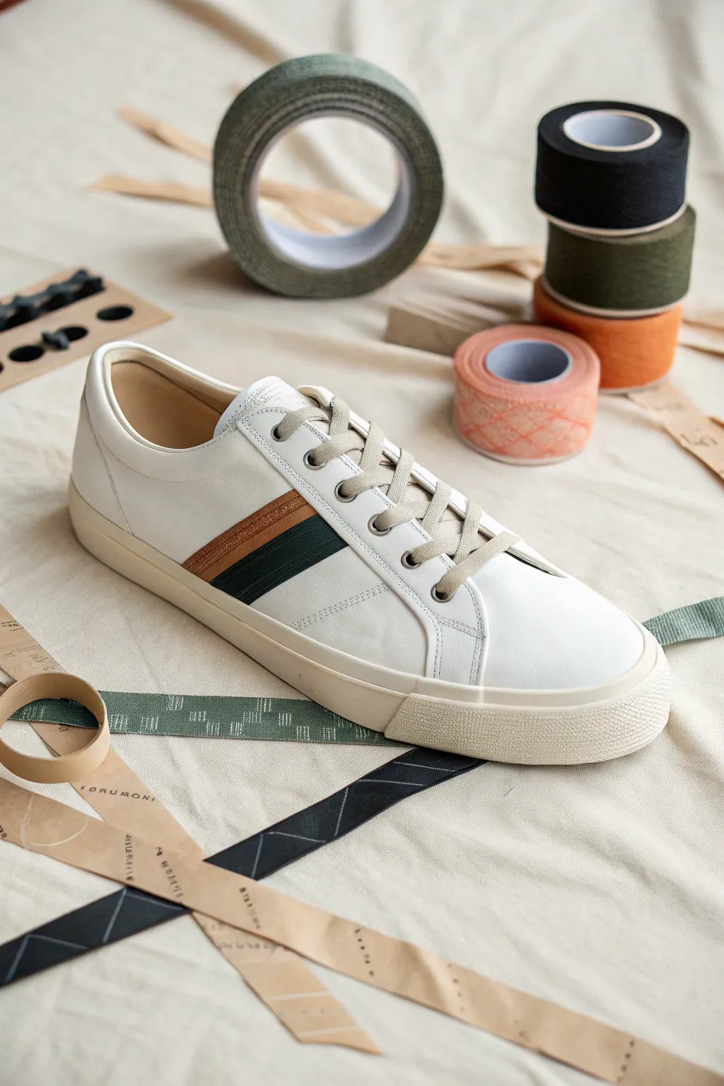 Crisp taped triangles and bold color blocks turn a simple sneaker into modern minimalist art