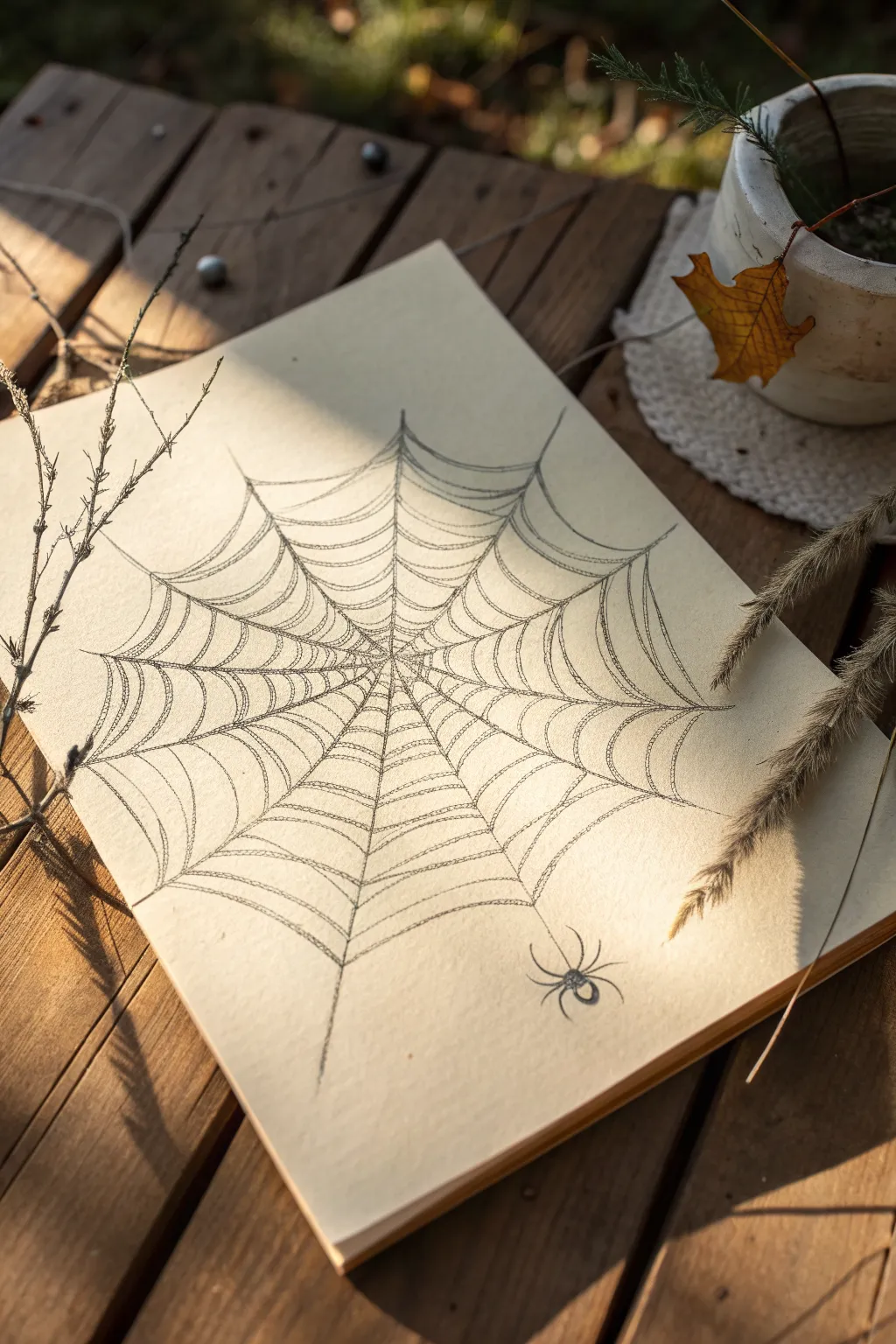 Tattered abandoned web sketch with broken threads and dusty shadows, minimalist and moody.