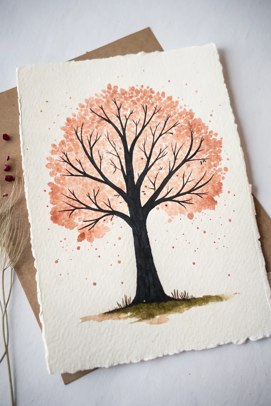 Minimal black tree silhouette topped with warm splatter leaves for a modern Scandinavian boho feel