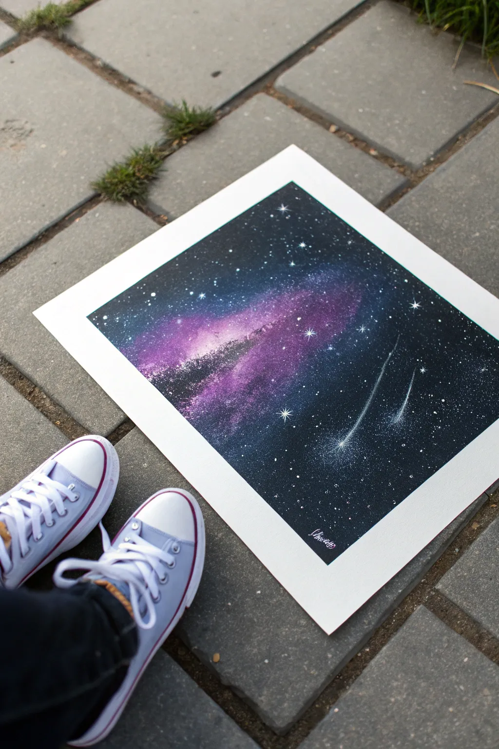Galaxy spray paint art with bright comets and soft tails, minimalist Scandinavian vibe.