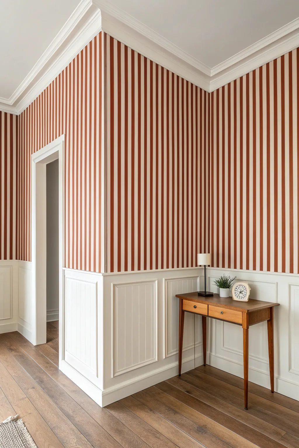 Perfectly aligned corner stripes visually stretch the room with calm, high-contrast minimal style.