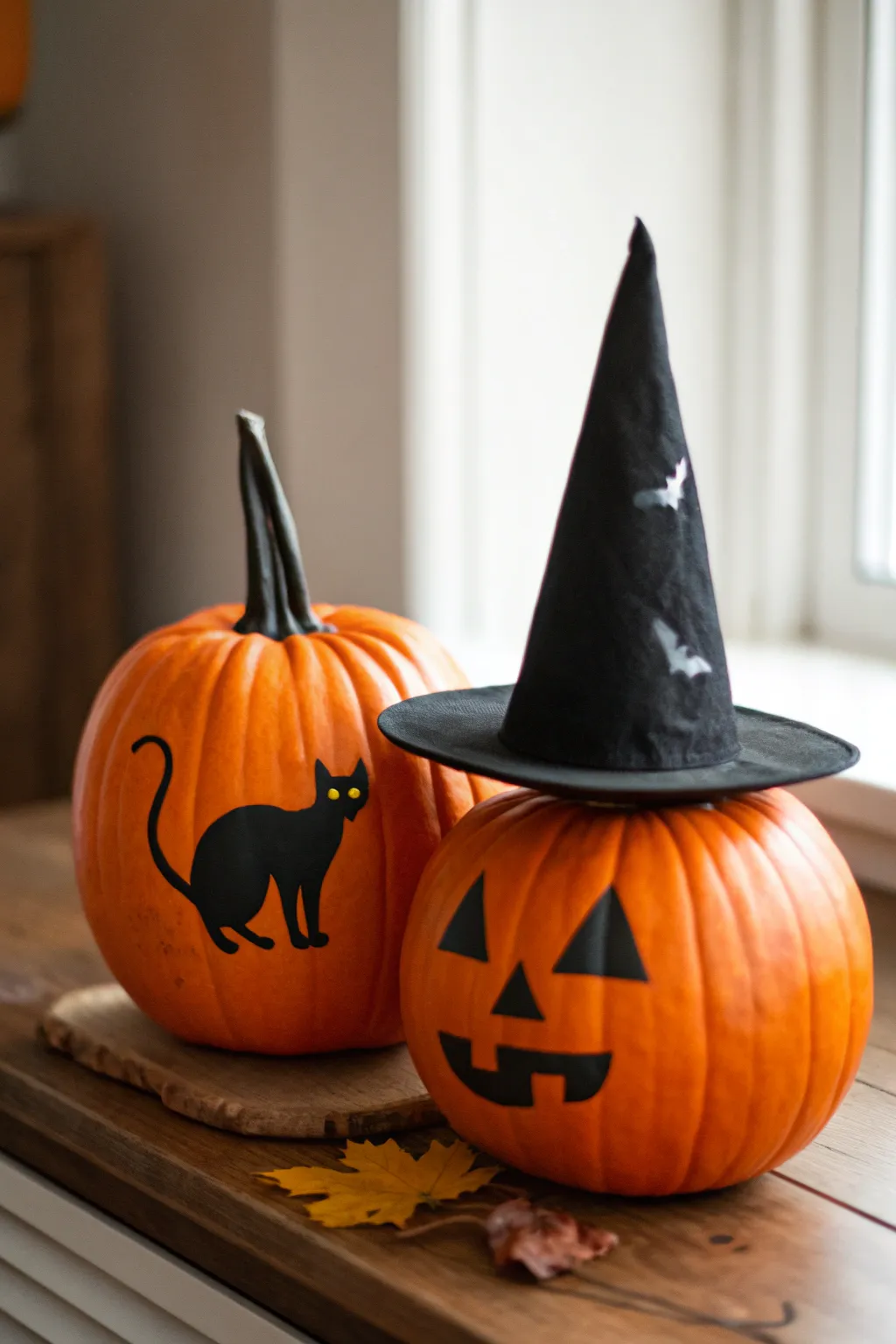 Minimalist Halloween duo: black cat and witch hat silhouettes on paired pumpkins, cozy and chic.