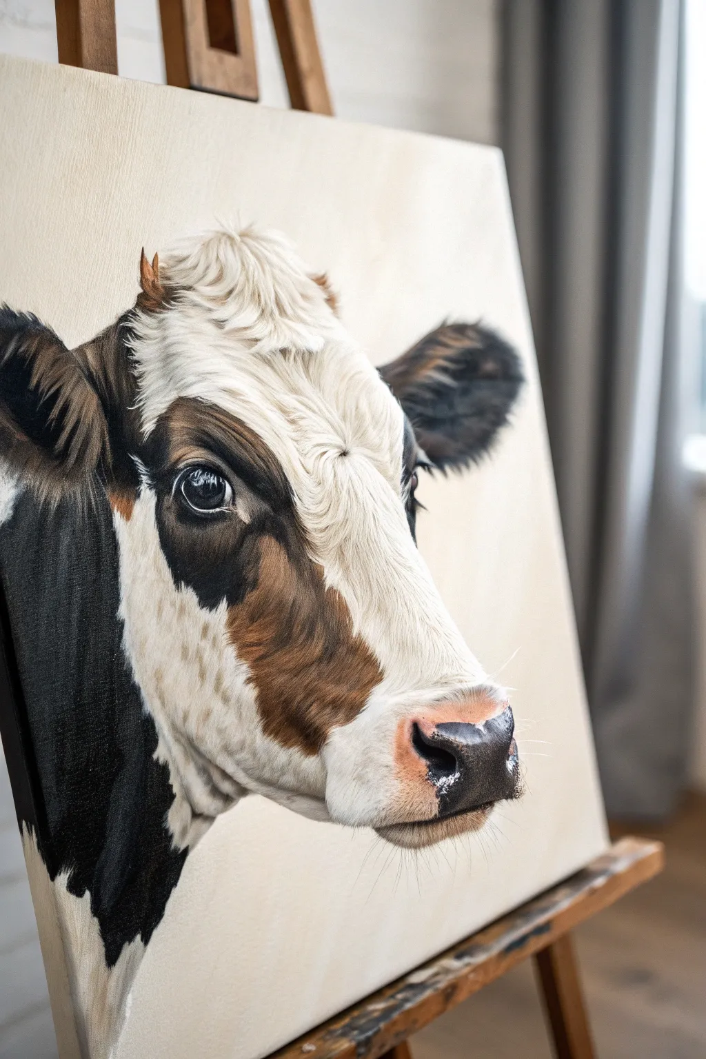 Modern half-face cow crop in soft neutrals, an easy beginner painting idea with bold contrast
