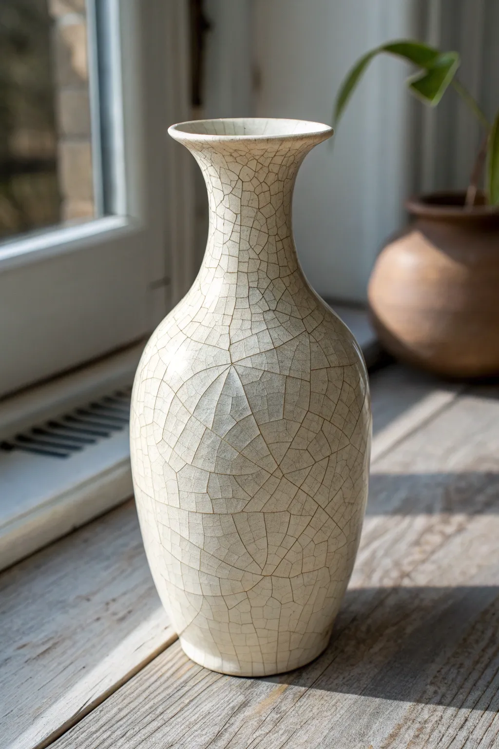 Fine hairline crackle on a pale ceramic vase for an understated, elegant textured finish.
