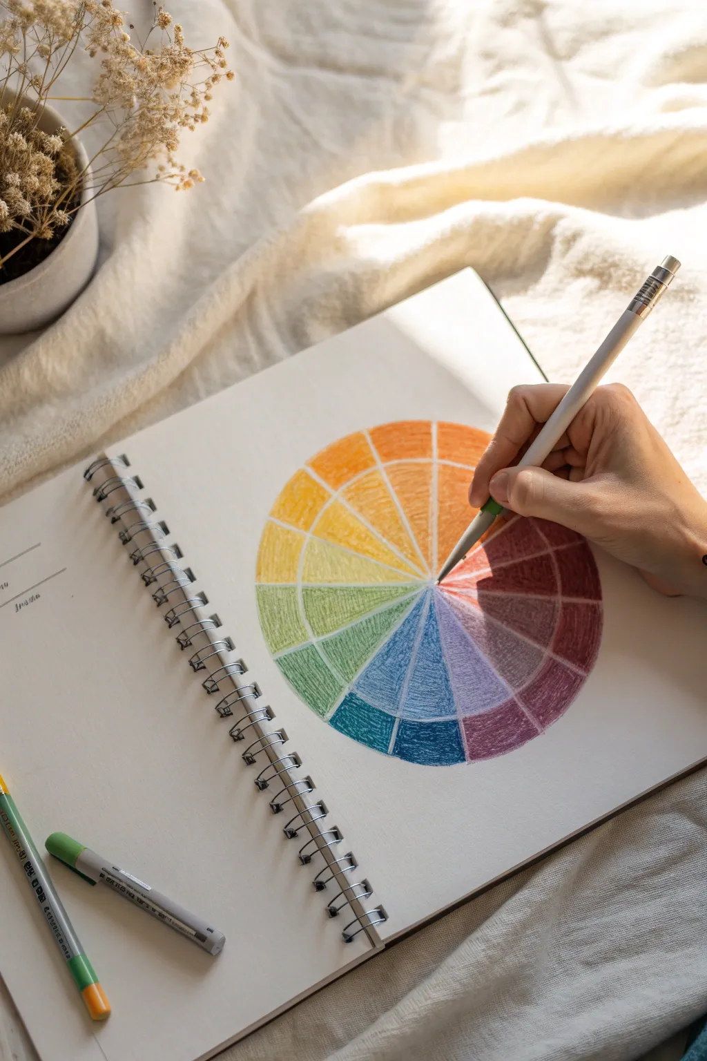 Rainbow crayon color wheel swatches with soft blends, minimalist setup, hand mid-stroke.