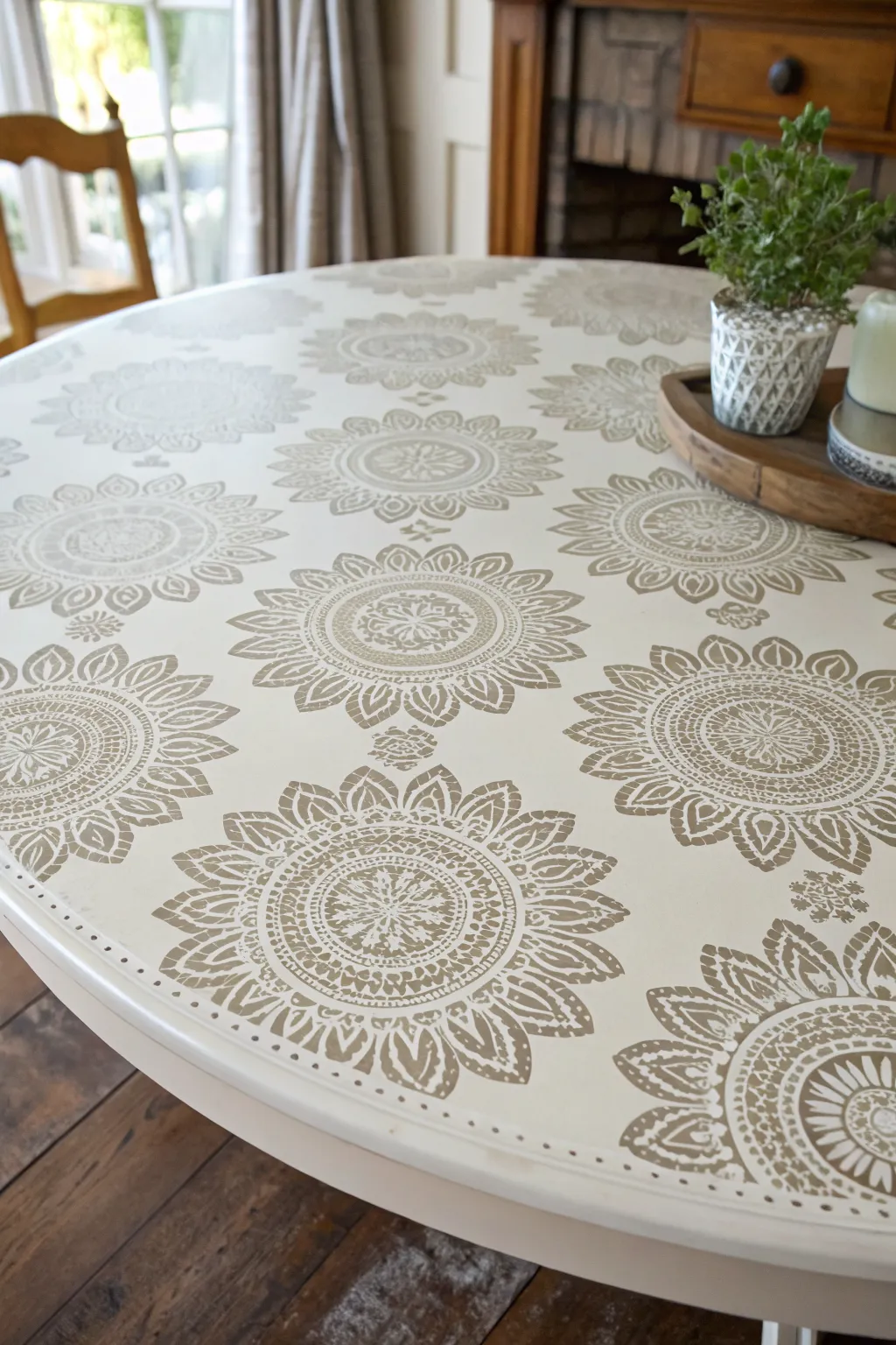 All-over lace stencil tabletop pattern with soft Nordic light and matte-to-satin texture.