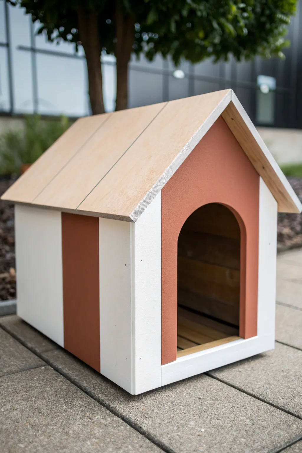 Modern two-tone color-block dog house with crisp tape lines and clean Scandinavian backyard styling