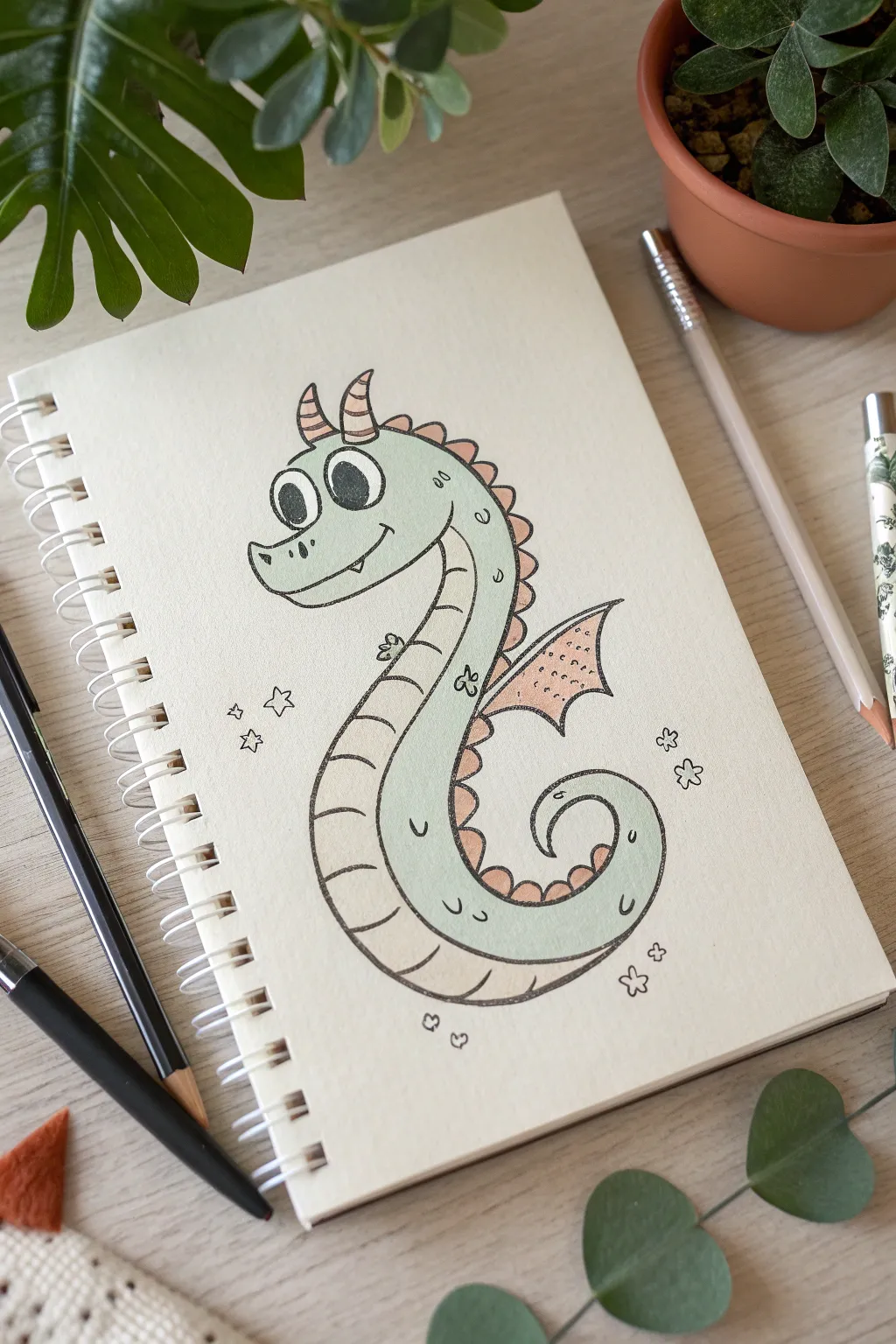 Cute S-shaped dragon with simple scales and soft shadows, perfect for confident kid drawing