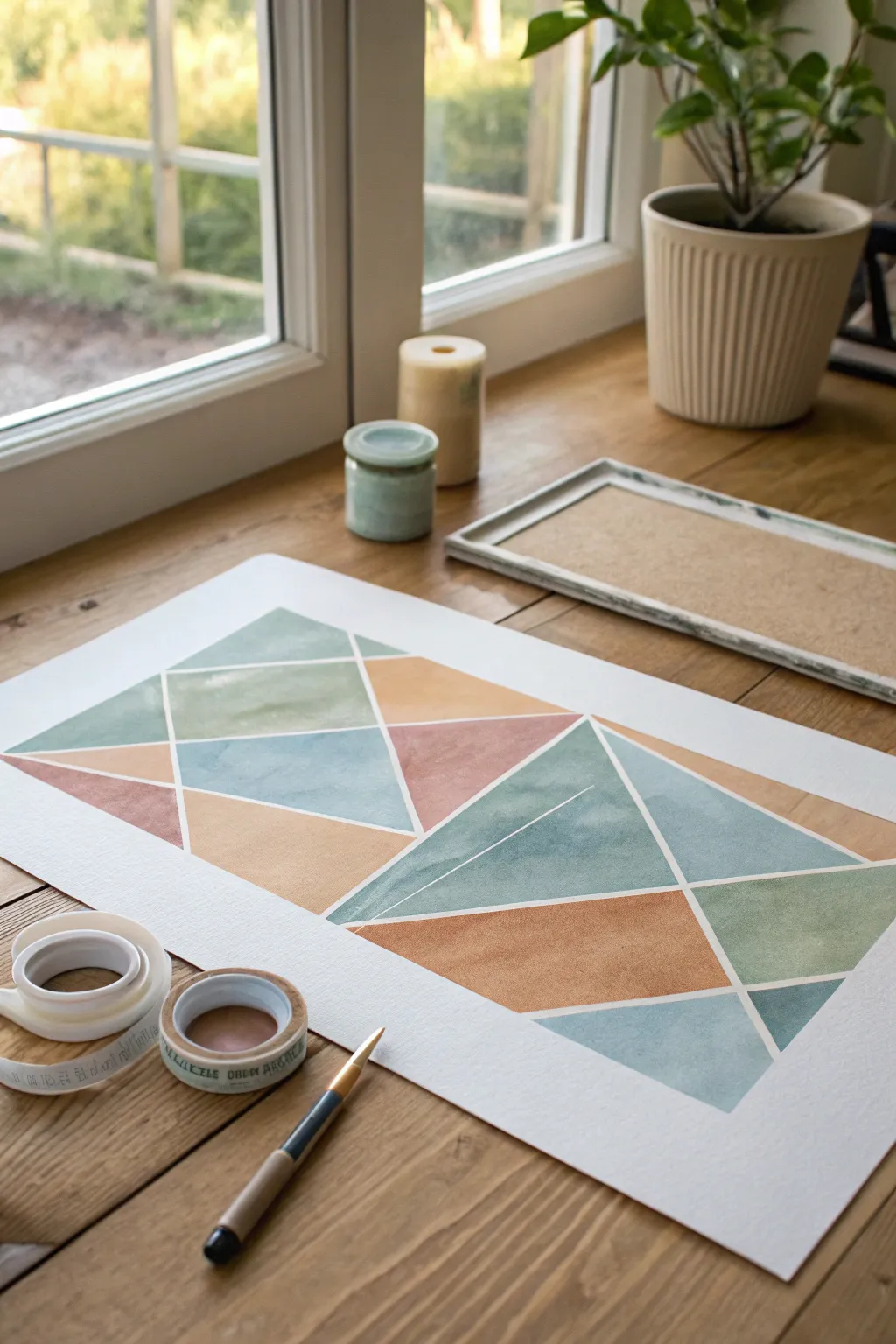 Tape-resist geometric landscape in progress, with a peeled corner revealing crisp clean edges