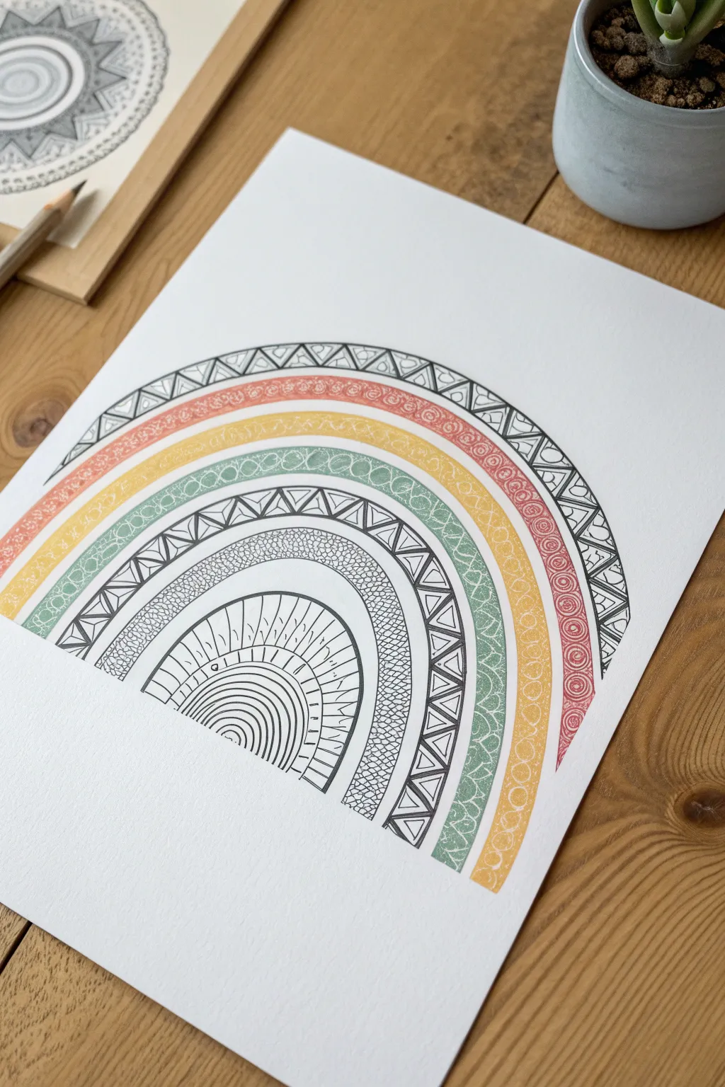 Zentangle rainbow stripes in soft pastels and bold black ink, clean borders and rich texture