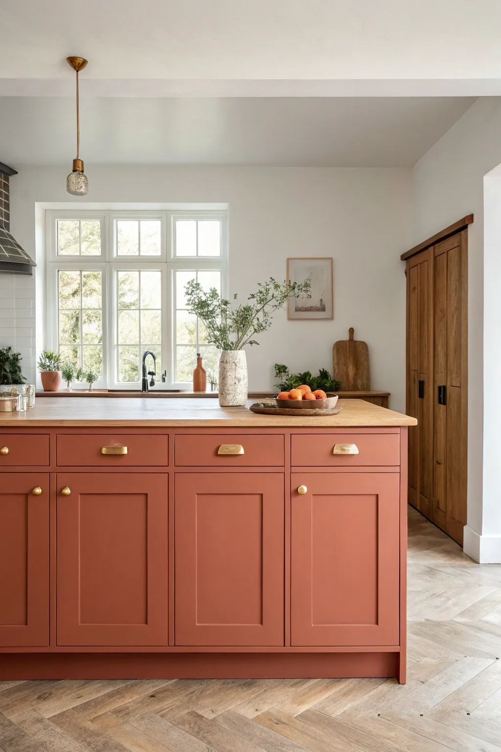 Terracotta-painted island cupboards steal the spotlight in a soft, neutral Scandinavian kitchen.