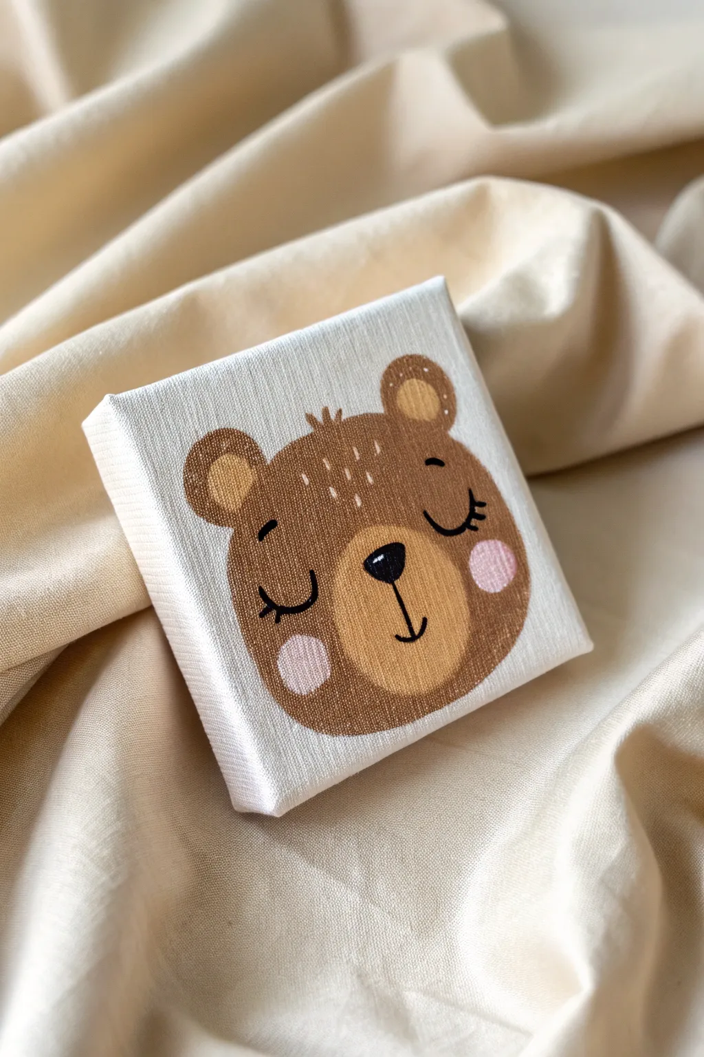 A sweet sleepy bear face on a mini canvas, perfect for beginner acrylics and cozy decor.