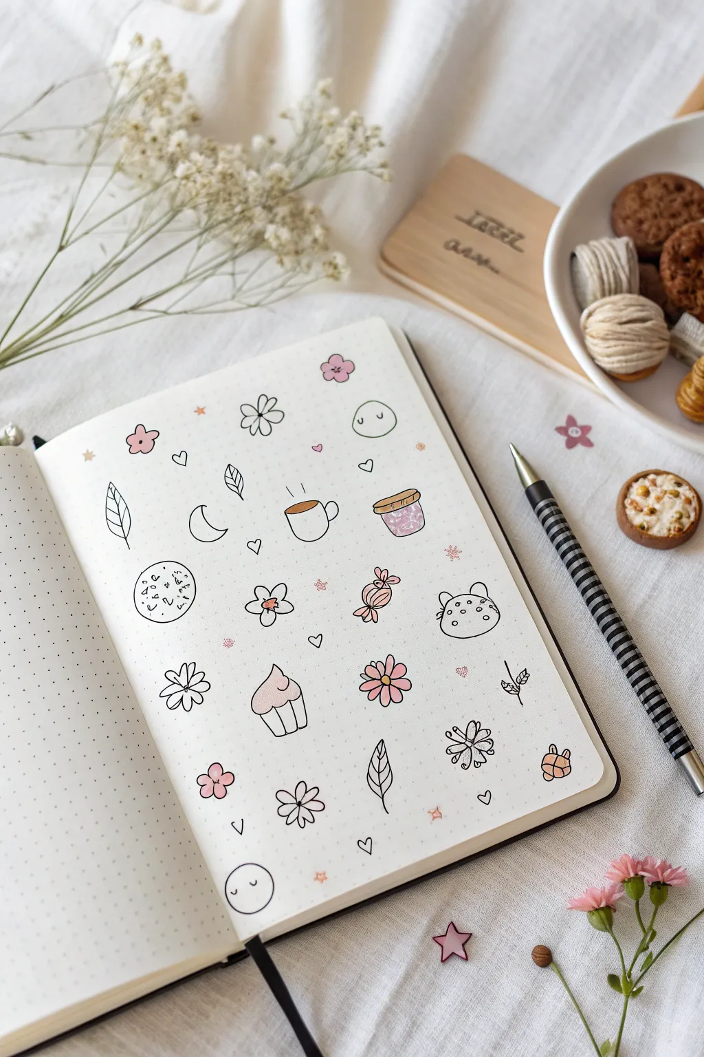 Tiny doodle icons in a cozy sketchbook spread, simple lines and soft pastel pops.