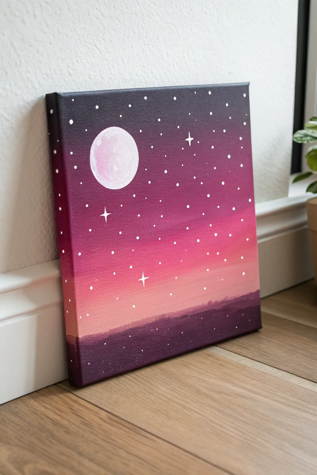 Paint a pink moon over a tiny starry sky with dreamy gradients and crisp white dots.