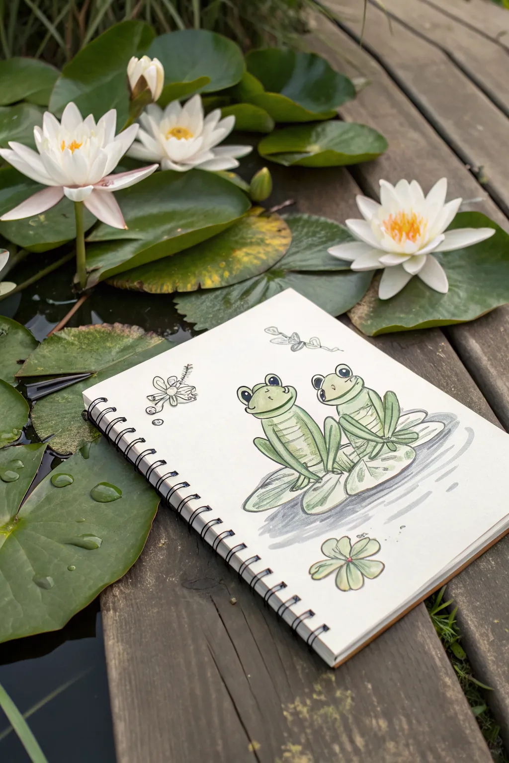 Smiling frog faces on lilypads, a simple pond doodle to practice cute expressions.