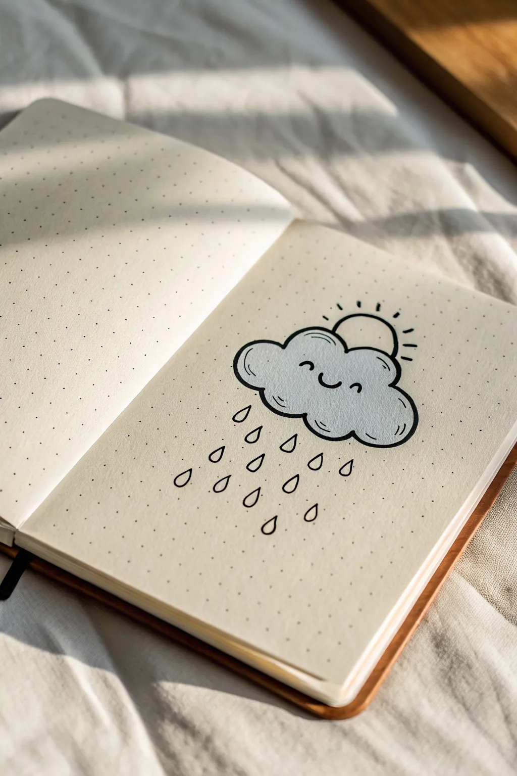 Fluffy cloud doodle with a cute face and soft rain dots, calm minimalist vibes and cozy shadow