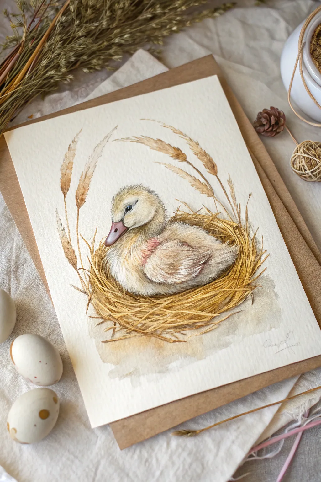 Sleepy duckling curled in a straw nest, warm neutrals and cozy minimalist boho vibes