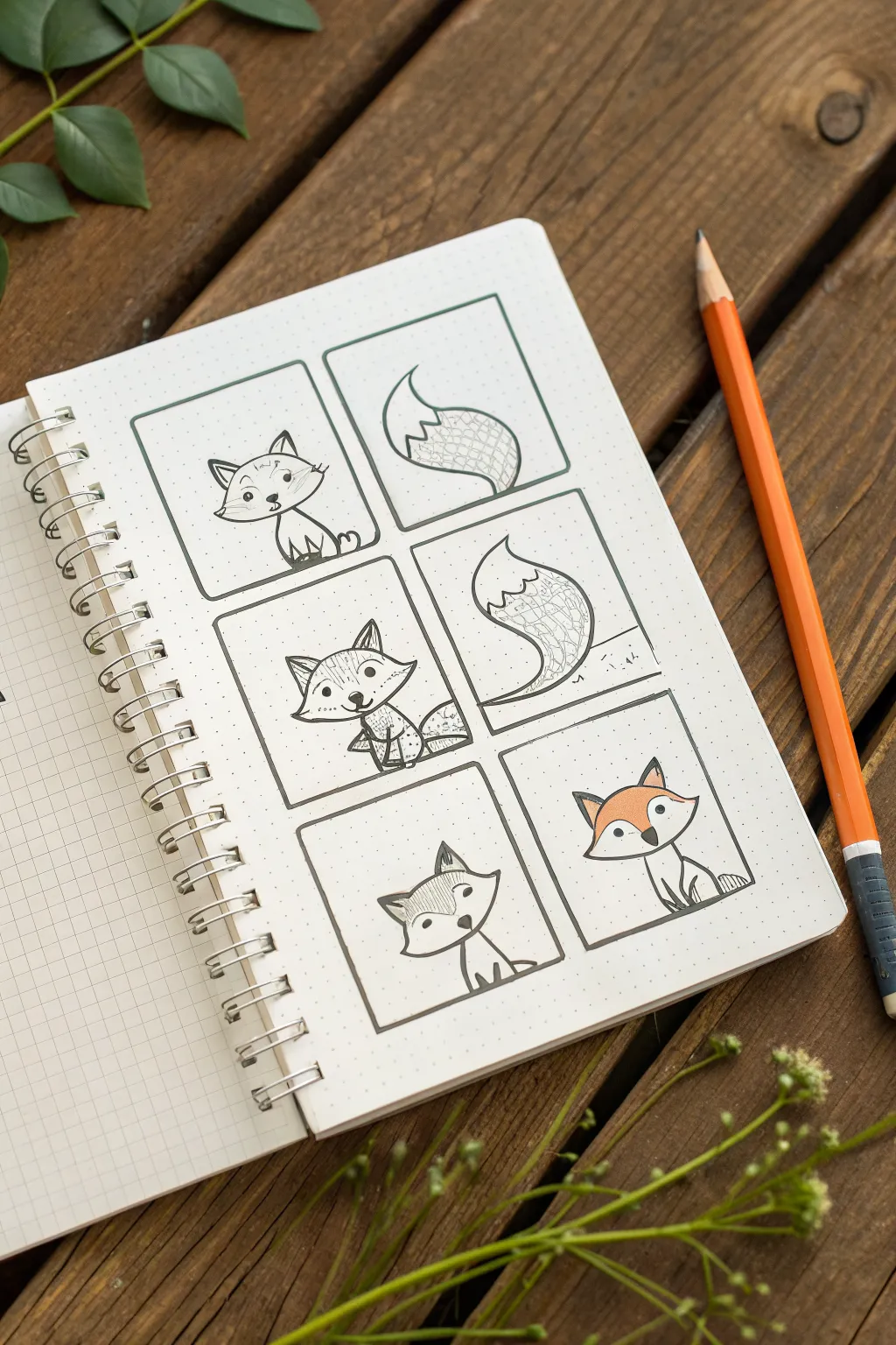 Cute fluffy-tailed fox drawing in 7 easy step panels, minimalist lines with soft boho neutrals