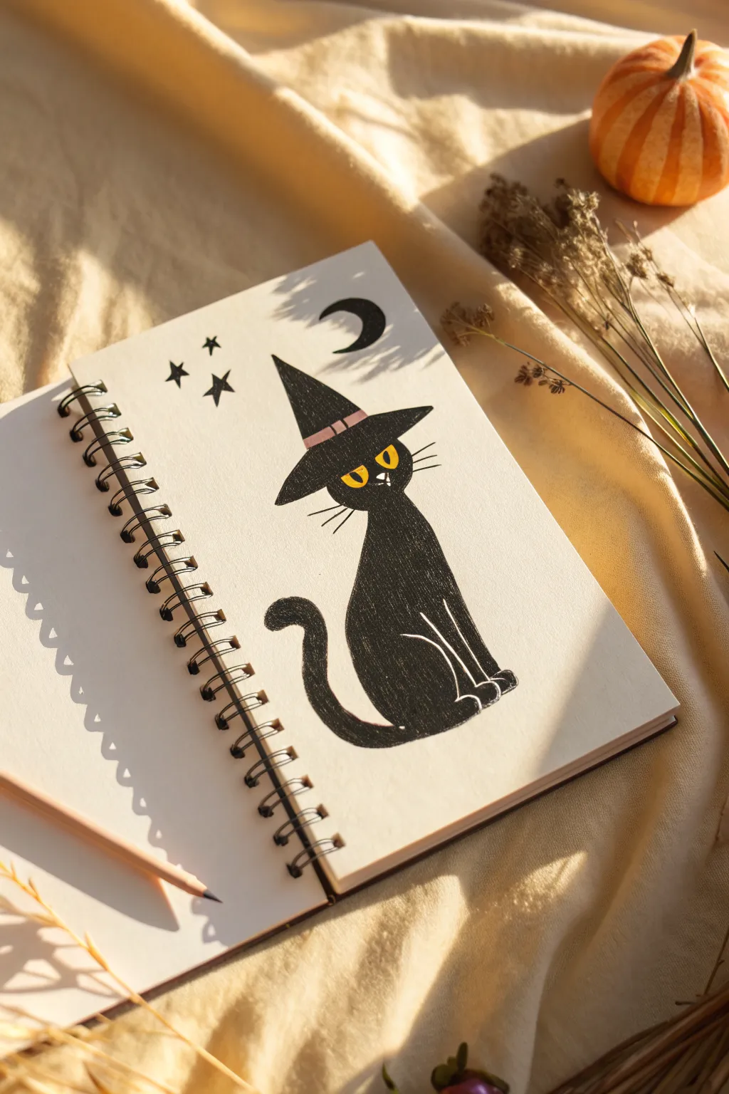 Draw this adorable black cat in a tilted witch hat with simple shapes and bright eyes