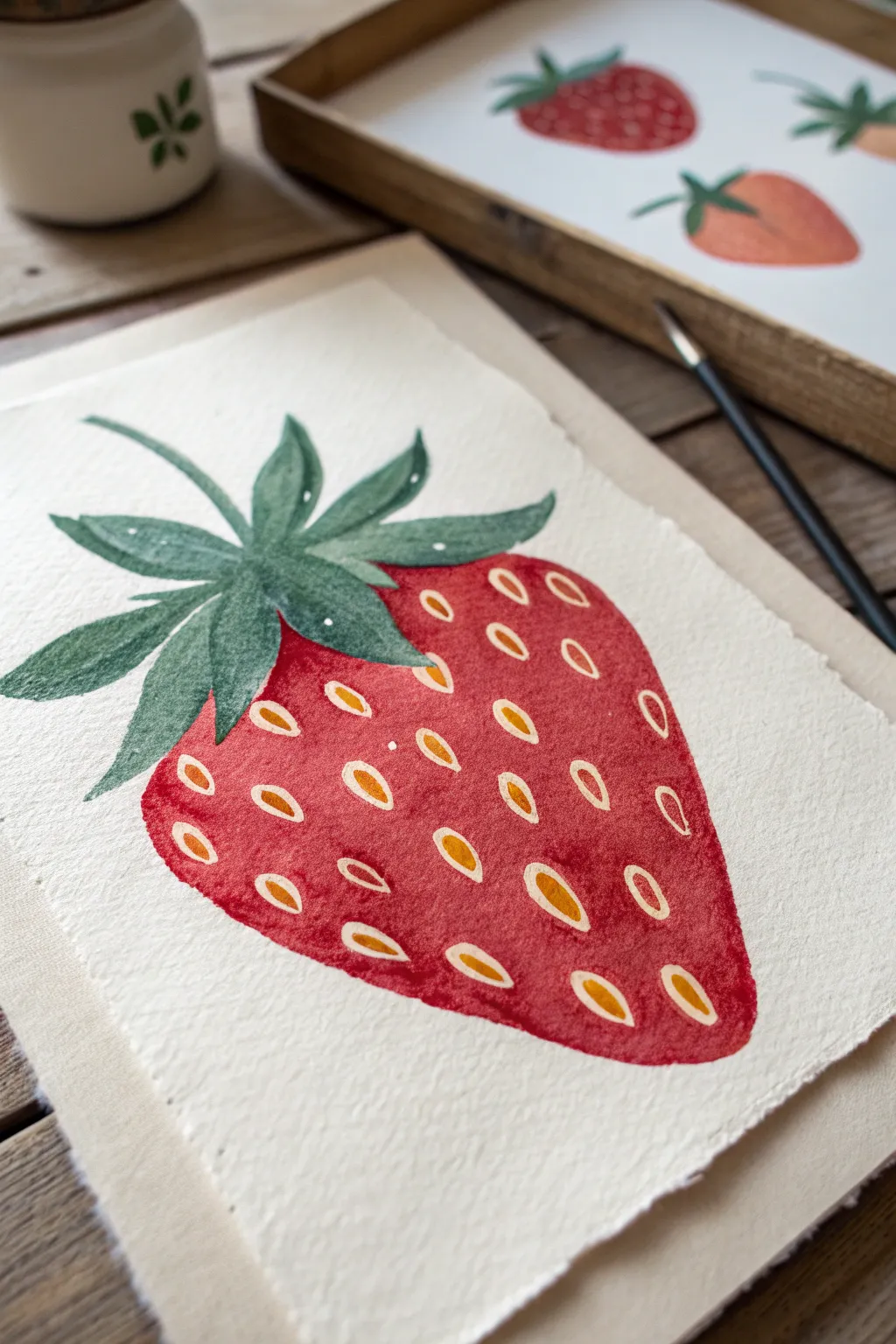 Cute one-icon strawberry study: bold red, chunky greens, oversized seeds, clean minimal background