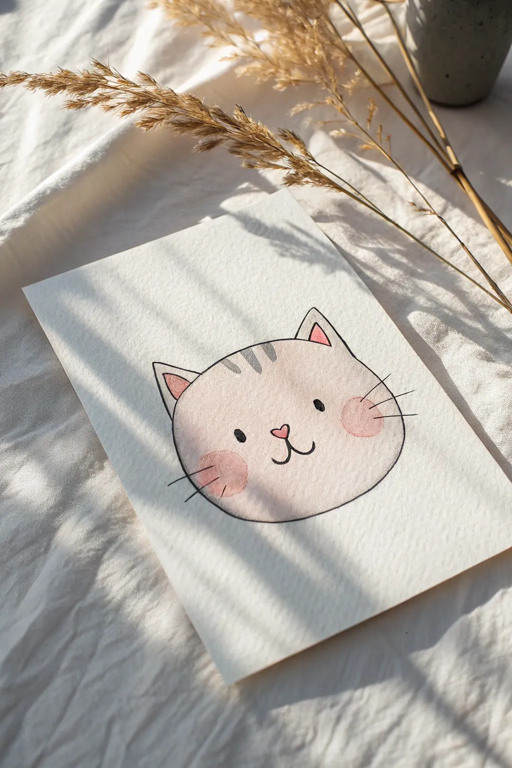 Chubby cat face in soft pastels, a cute and easy minimalist painting idea on paper