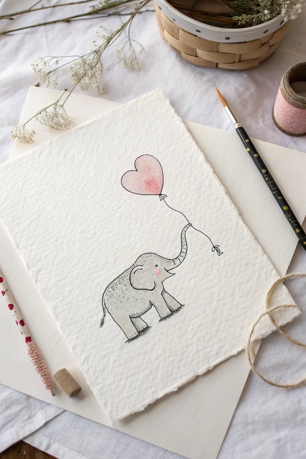 Sweet elephant with heart balloon sketch idea in a clean Scandinavian minimalist style