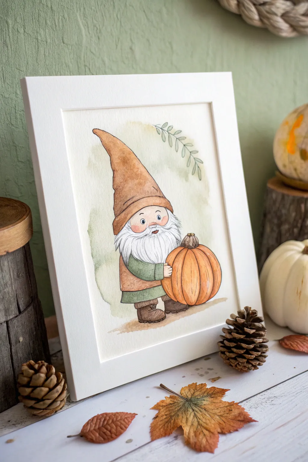 Paint an adorable fall gnome hugging a pumpkin, minimal background for cozy Scandinavian vibes.