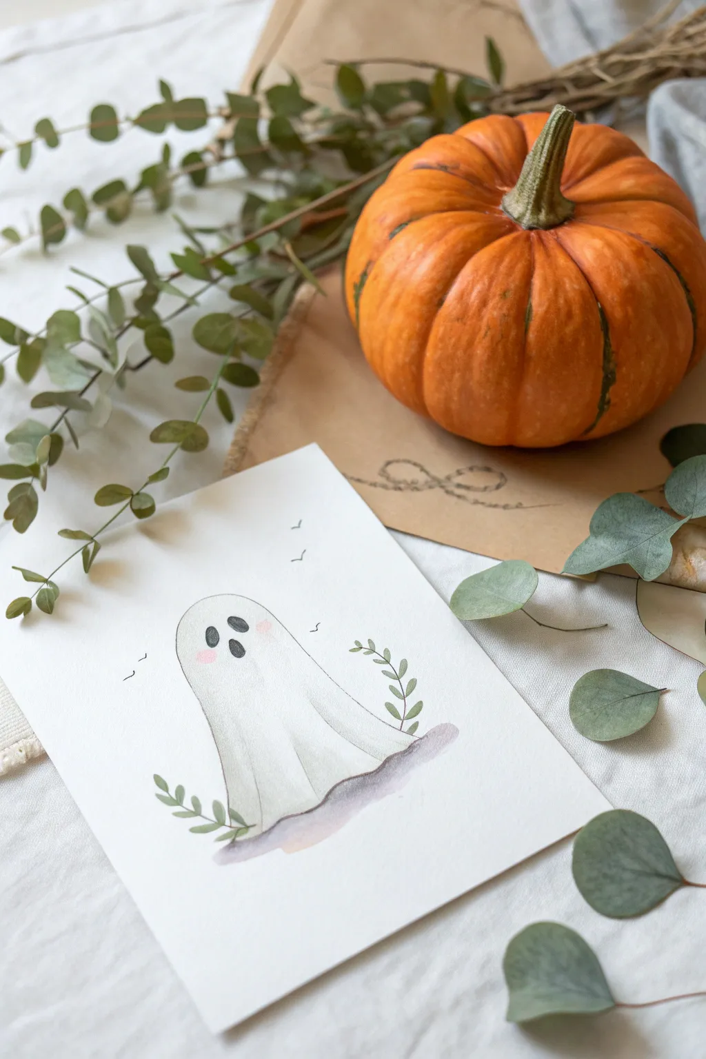 Cute ghost peeking behind a pumpkin, warm oranges and muted greens in a minimalist boho style