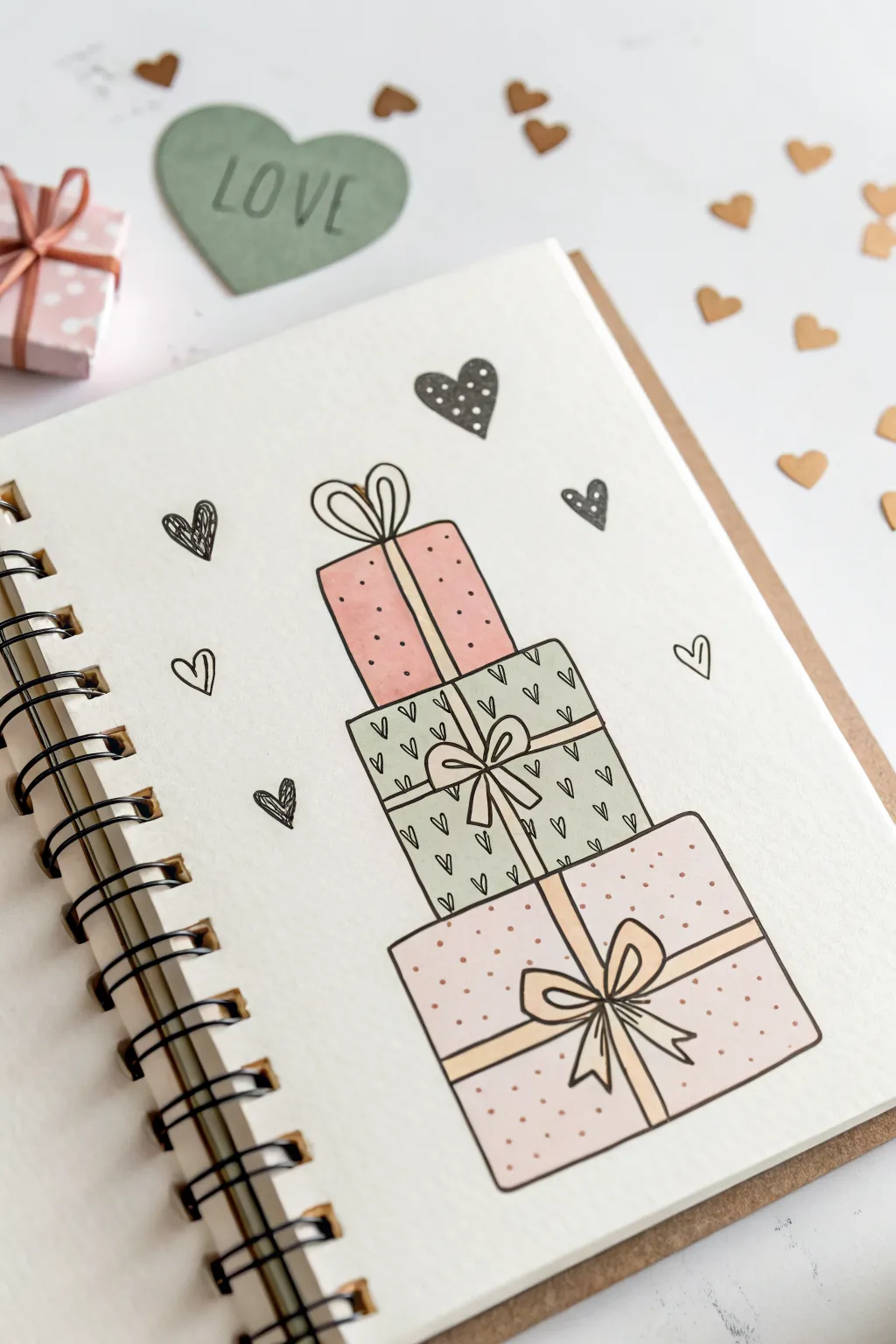 Stack of cute present doodles with bows, sweet faces, and floating hearts in soft minimal style